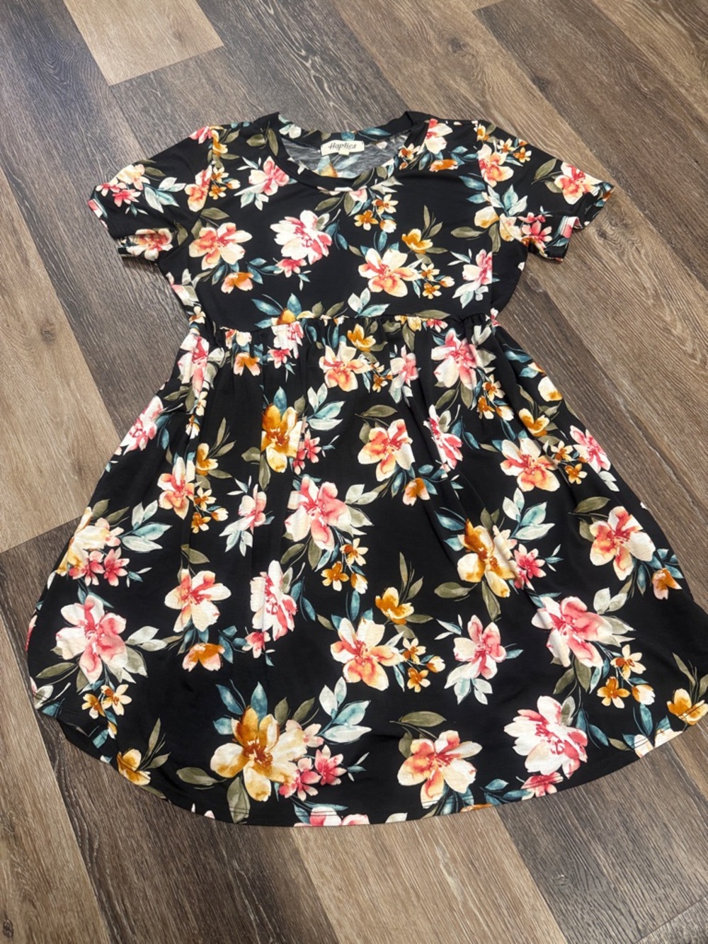 Black Floral Short-Sleeve Mini Dress with Pink & Gold Blooms